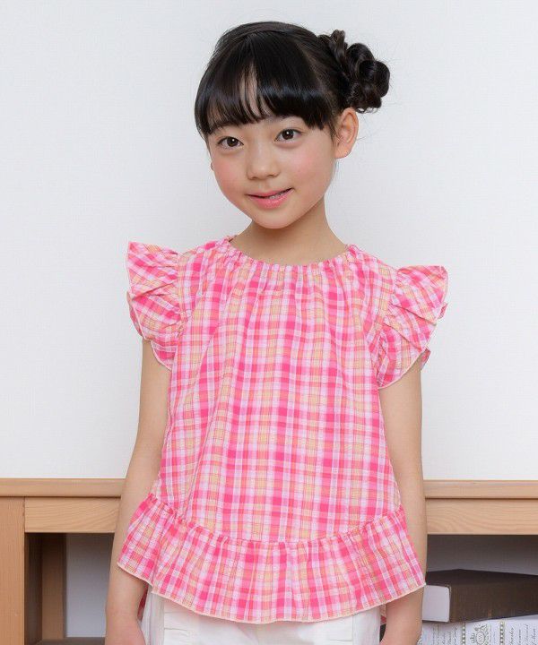 Soccer material plaid tunic blouse with frilled blouse Pink model image up
