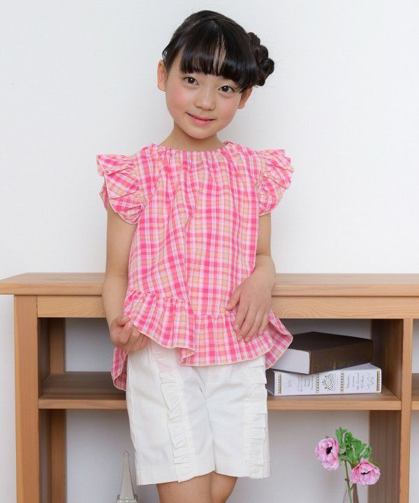 Soccer material plaid tunic blouse with frilled blouse Pink model image 2