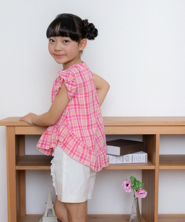 Soccer material plaid tunic blouse with frilled blouse Pink model image 3