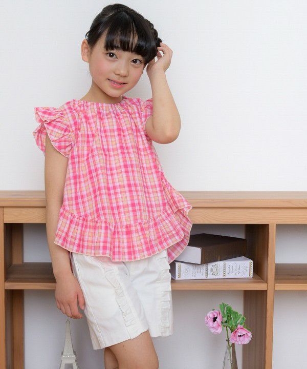 Soccer material plaid tunic blouse with frilled blouse Pink model image 4