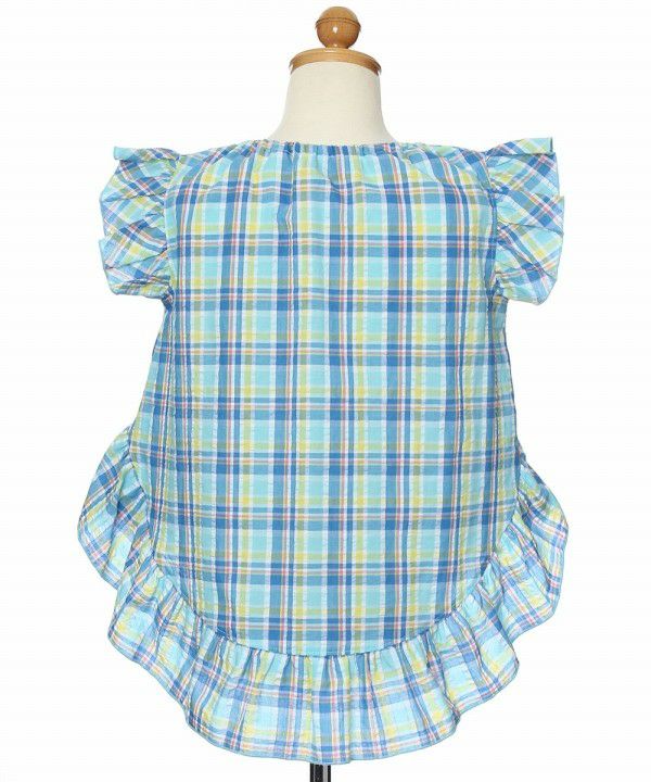 Soccer material plaid tunic blouse with frilled blouse Blue torso