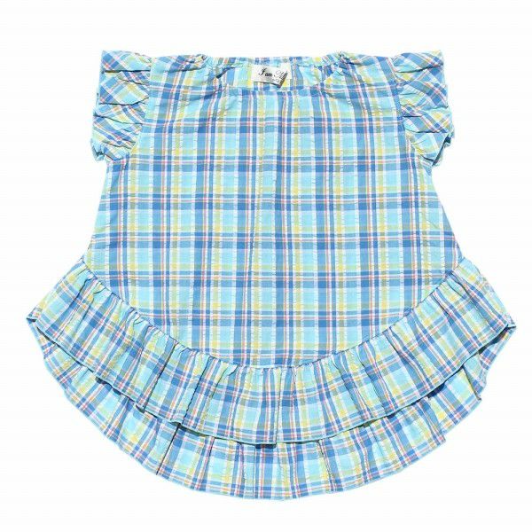 Soccer material plaid tunic blouse with frilled blouse Blue front