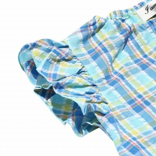 Soccer material plaid tunic blouse with frilled blouse Blue Design point 1