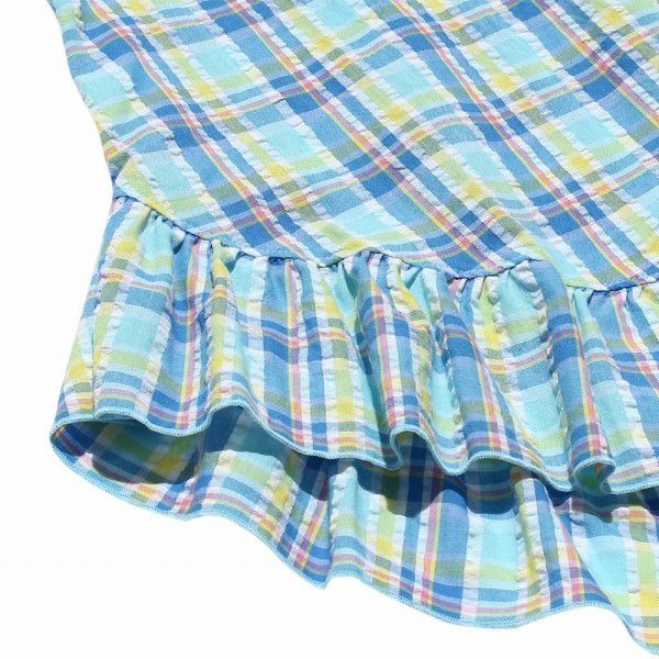 Soccer material plaid tunic blouse with frilled blouse Blue Design point 2