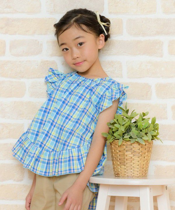 Soccer material plaid tunic blouse with frilled blouse Blue model image up