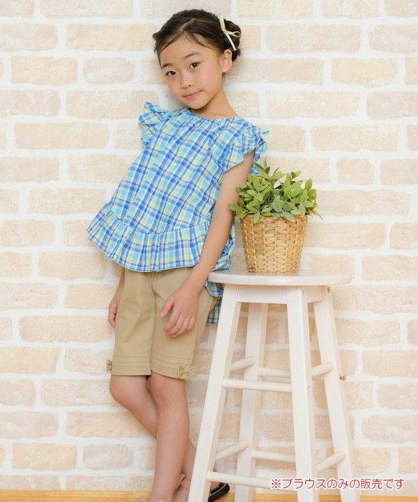 Soccer material plaid tunic blouse with frilled blouse Blue model image whole body