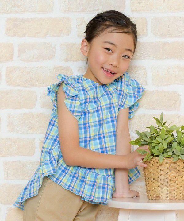 Soccer material plaid tunic blouse with frilled blouse Blue model image 1