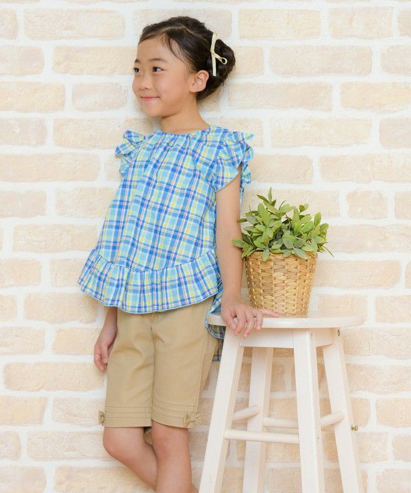 Soccer material plaid tunic blouse with frilled blouse Blue model image 3