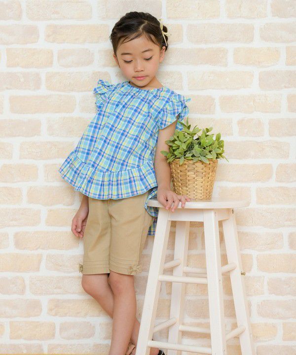Soccer material plaid tunic blouse with frilled blouse Blue model image 4