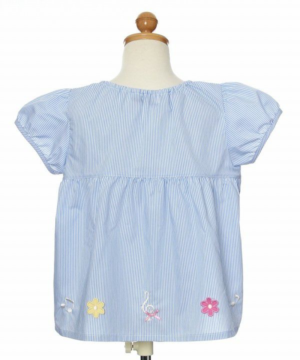 Striped Pattern Embroidery Tunic Blouse with Flower Motif Blue torso