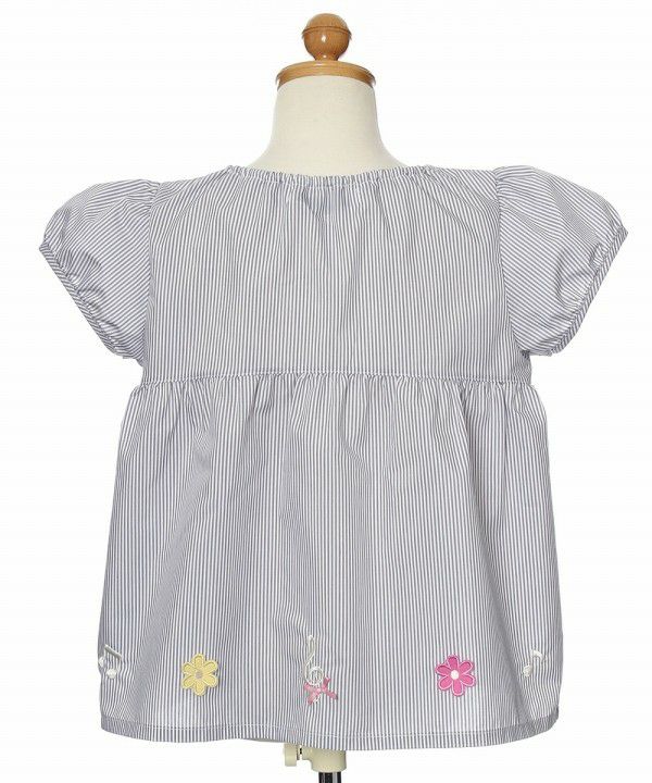 Striped Pattern Embroidery Tunic Blouse with Flower Motif Misty Gray torso