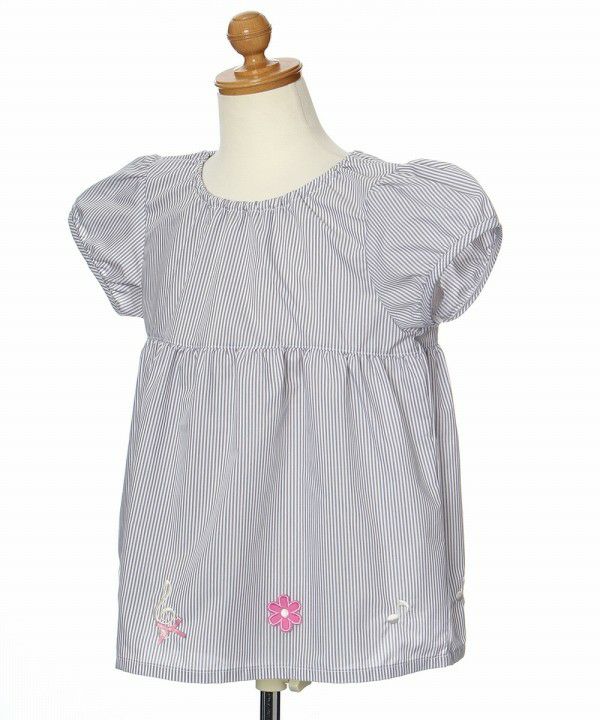Striped Pattern Embroidery Tunic Blouse with Flower Motif Misty Gray torso