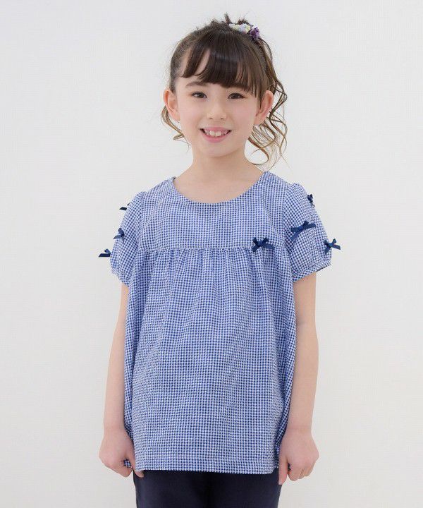 Children's clothing girl check pattern with ribbon tunic blouse navy (06) Model image up