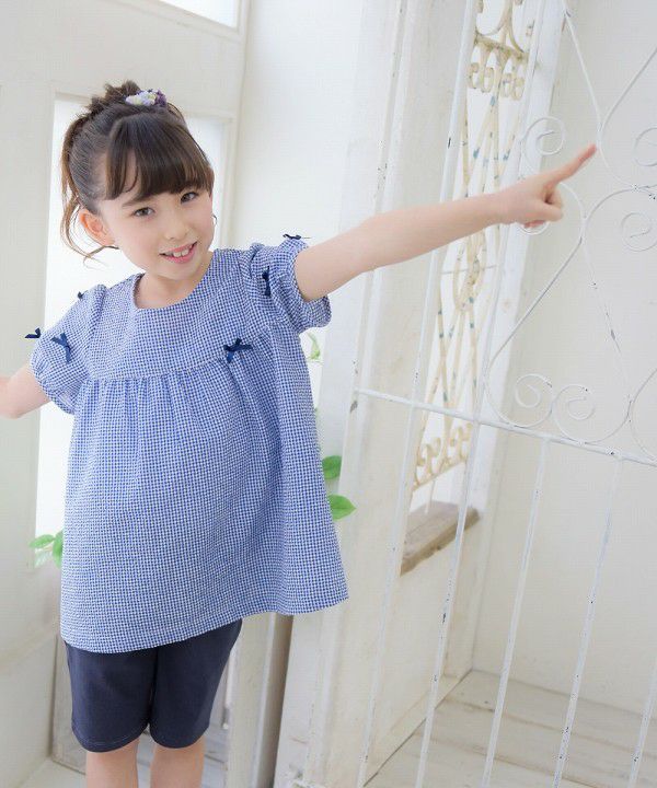 Children's clothing girl check pattern with ribbon tunic blouse navy (06) model image 1