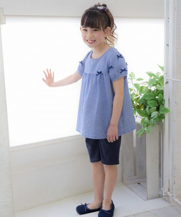 Children's clothing girl check pattern with ribbon tunic blouse navy (06) model image 3