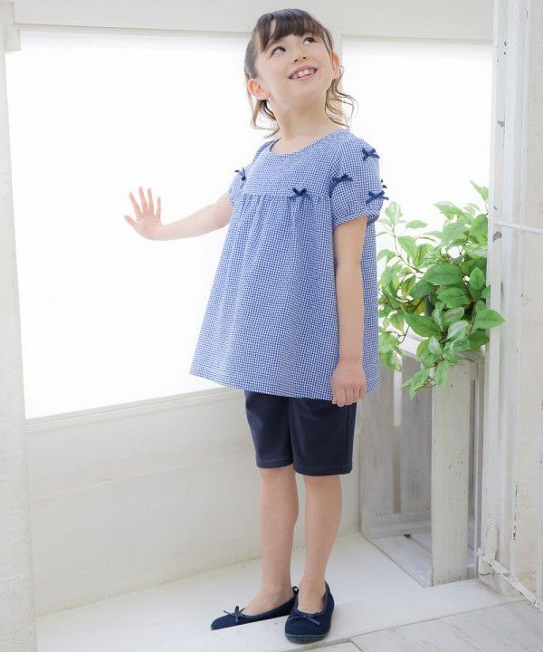 Children's clothing girl check pattern with ribbon tunic blouse navy (06) model image 4