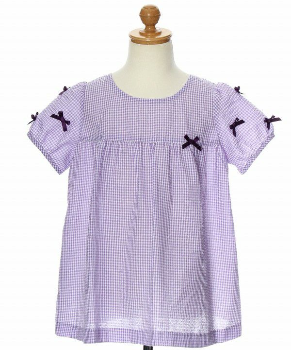Children's clothing girl check pattern with ribbon tunic blouse purple (91) torso