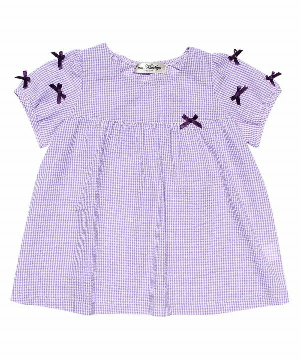 Children's clothing girl check pattern with ribbon tunic blouse purple (91) front