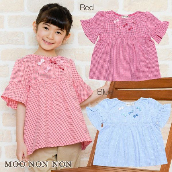 Children's clothing girl check pattern with ribbon frill sleeve tunic length blouse