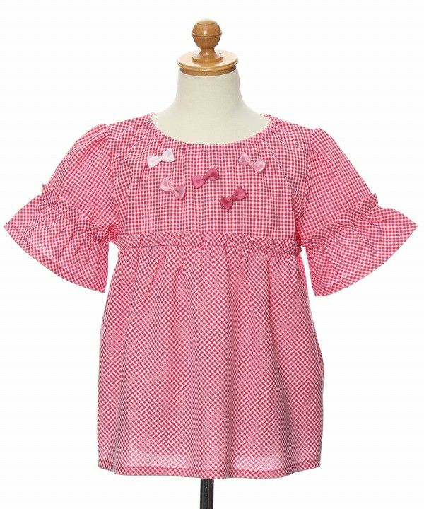 Children's clothing girl check pattern with ribbon frill sleeve tunic length blouse red (03) torso