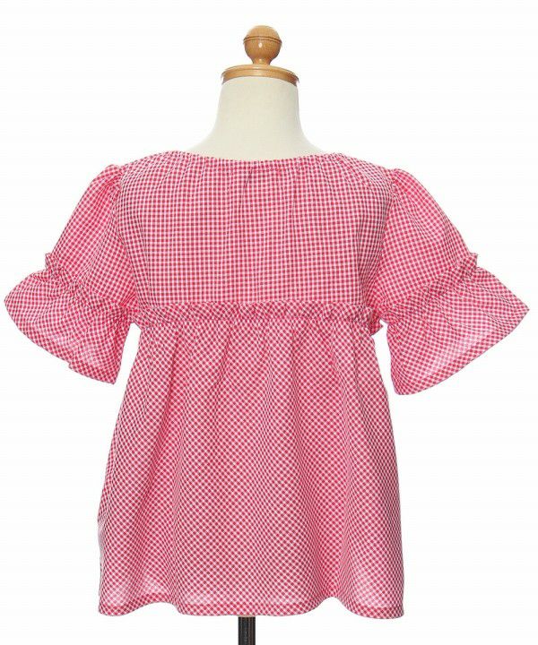 Children's clothing girl check pattern ribbon with ribbon frill sleeve tunic length blouse red (03) torso