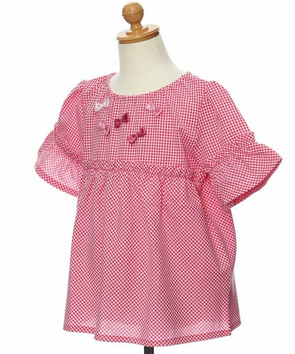 Children's clothing girl check pattern ribbon with ribbon frill sleeve tunic length blouse red (03) torso