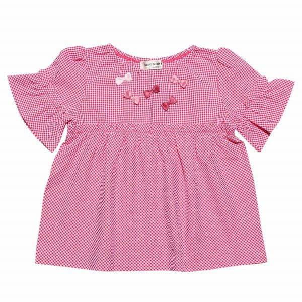 Children's clothing girl check pattern ribbon with ribbon frill sleeve tunic length blouse red (03) front