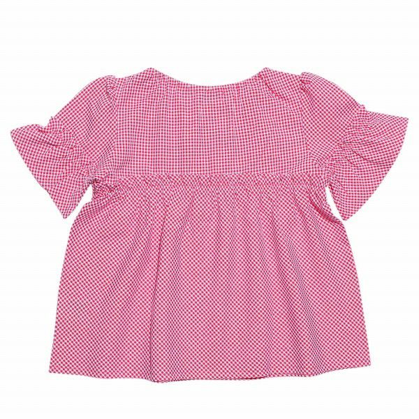 Children's clothing girl check pattern ribbon with ribbon frill sleeve tunic length blouse red (03) back