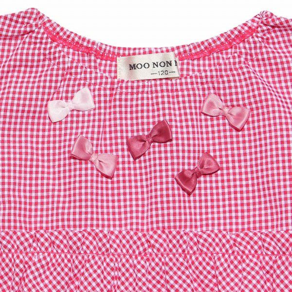 Children's clothing girl check pattern with ribbon frill sleeve tunic length blouse red (03) Design point 1