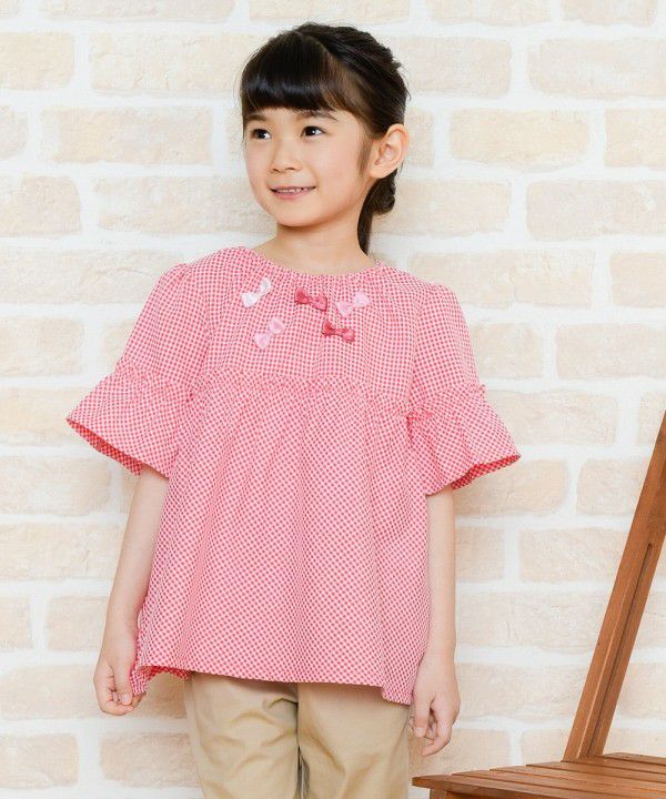 Children's clothing girl check pattern with ribbon frill sleeve tunic length blouse red (03) model image 1