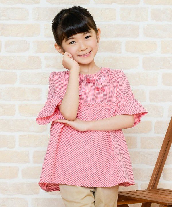 Children's clothing girl check pattern with ribbon frill sleeve tunic length blouse red (03) model image 2