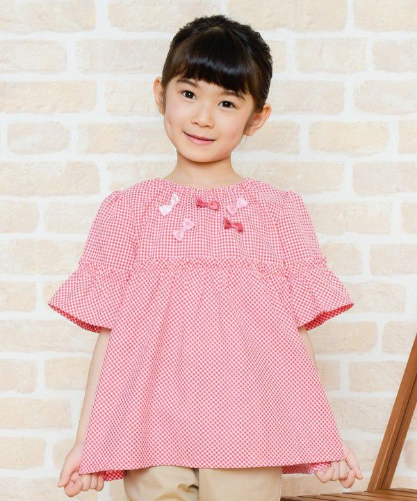 Children's clothing girl check pattern with ribbon frill sleeve tunic length blouse red (03) model image 4