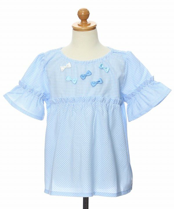 Children's clothing girl check pattern with ribbon frill sleeve tunic length blouse blue (61) torso