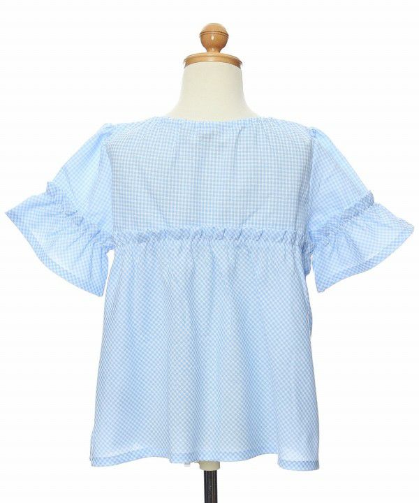 Children's clothing girl check pattern ribbon with ribbon frill sleeve tunic length blouse blue (61) torso