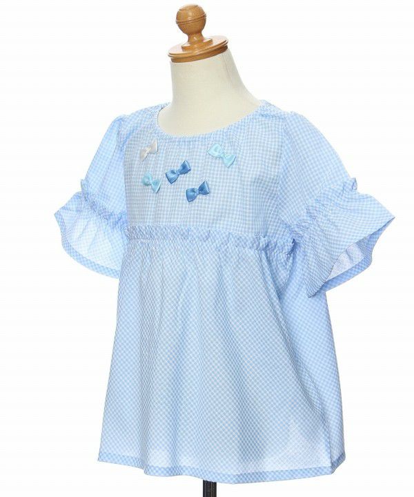 Children's clothing girl check pattern ribbon with ribbon frill sleeve tunic length blouse blue (61) torso