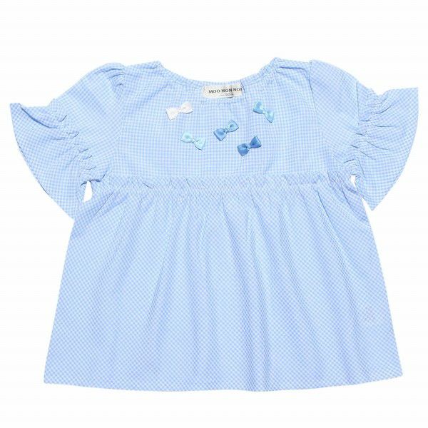 Children's clothing girl check pattern with ribbon frill sleeve tunic length blouse blue (61) front