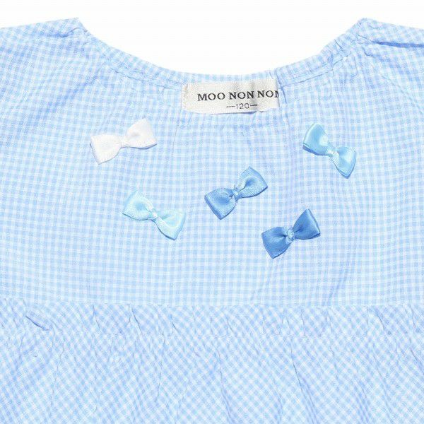 Children's clothing girl check pattern with ribbon frill sleeve tunic length blouse blue (61) Design point 1