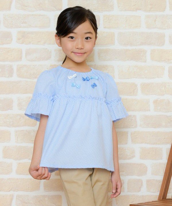 Children's clothing girl check pattern with ribbon frill sleeve tunic length blouse blue (61) Model image up