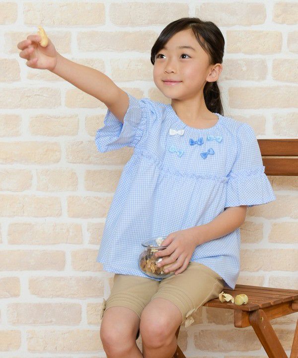 Children's clothing girl check pattern with ribbon frill sleeve tunic length blouse blue (61) model image 1