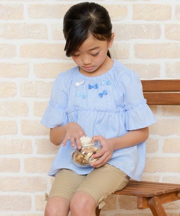 Children's clothing girl check pattern with ribbon frill sleeve tunic length blouse blue (61) model image 2