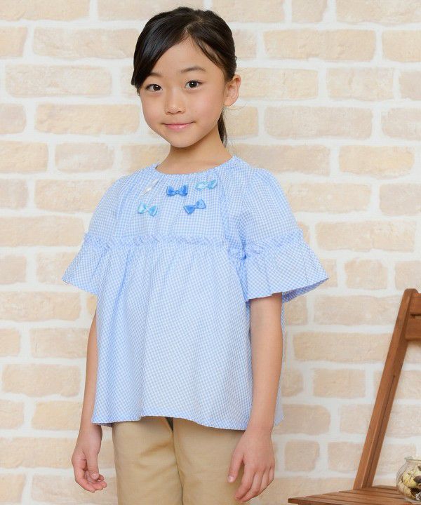Children's clothing girl check pattern with ribbon frill sleeve tunic length blouse blue (61) model image 3