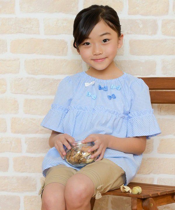 Children's clothing girl check pattern with ribbon frill sleeve tunic length blouse blue (61) model image 4