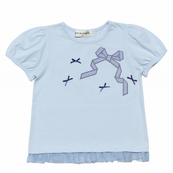 Children's clothing girl ribbon applique & motif T -shirt blue (61) front