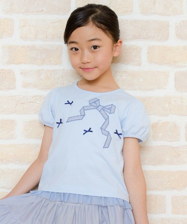 Children's clothing girl ribbon applique & motif T -shirt blue (61) Model image up