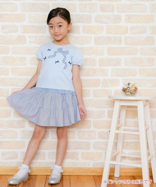 Children's clothing girl ribbon applique & motif T -shirt blue (61) model image whole body