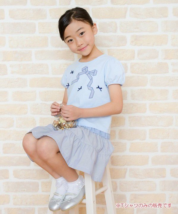 Children's clothing girl ribbon applique & motif T -shirt blue (61) model image 1