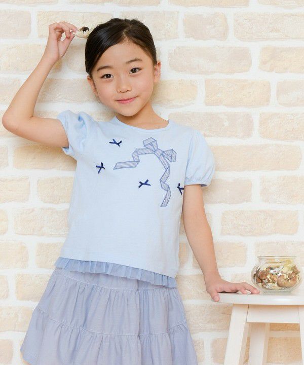 Children's clothing girl ribbon applique & motif T -shirt blue (61) model image 2