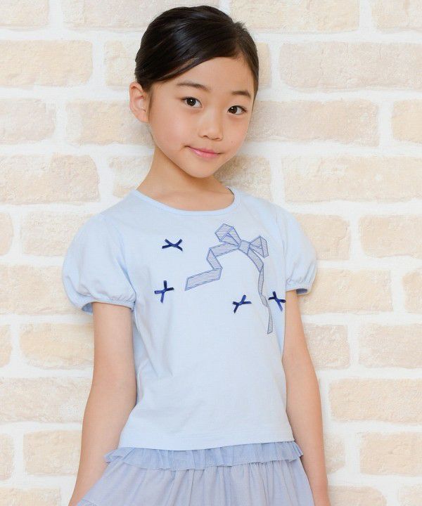 Children's clothing girl ribbon applique & motif T -shirt blue (61) model image 3