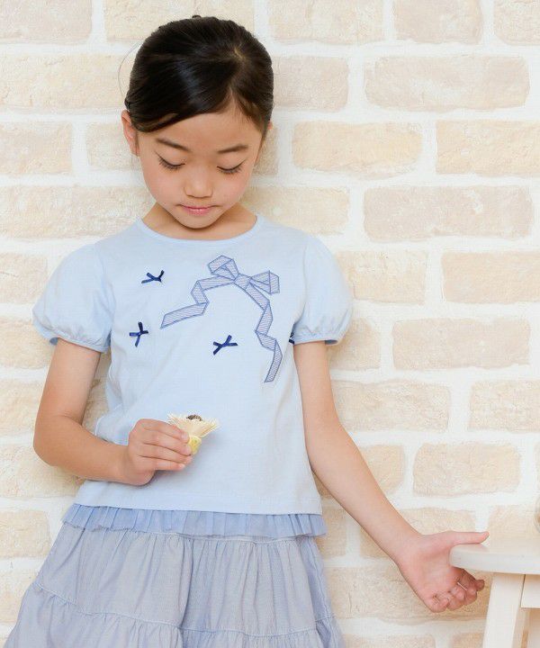 Children's clothing girl ribbon applique & motif T -shirt blue (61) model image 4