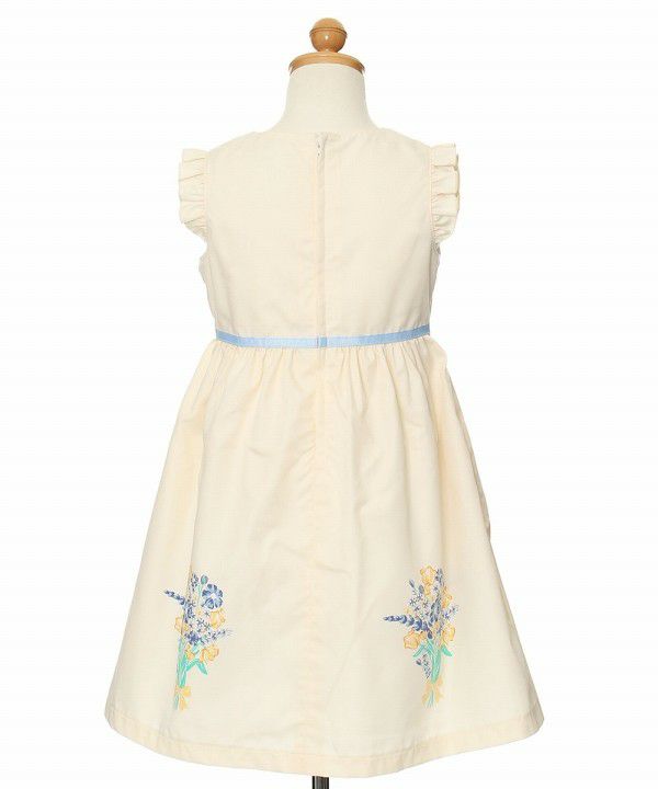 Children's clothing girl 100 % cotton flower motif & print ribbon One -piece off -white (11) torso